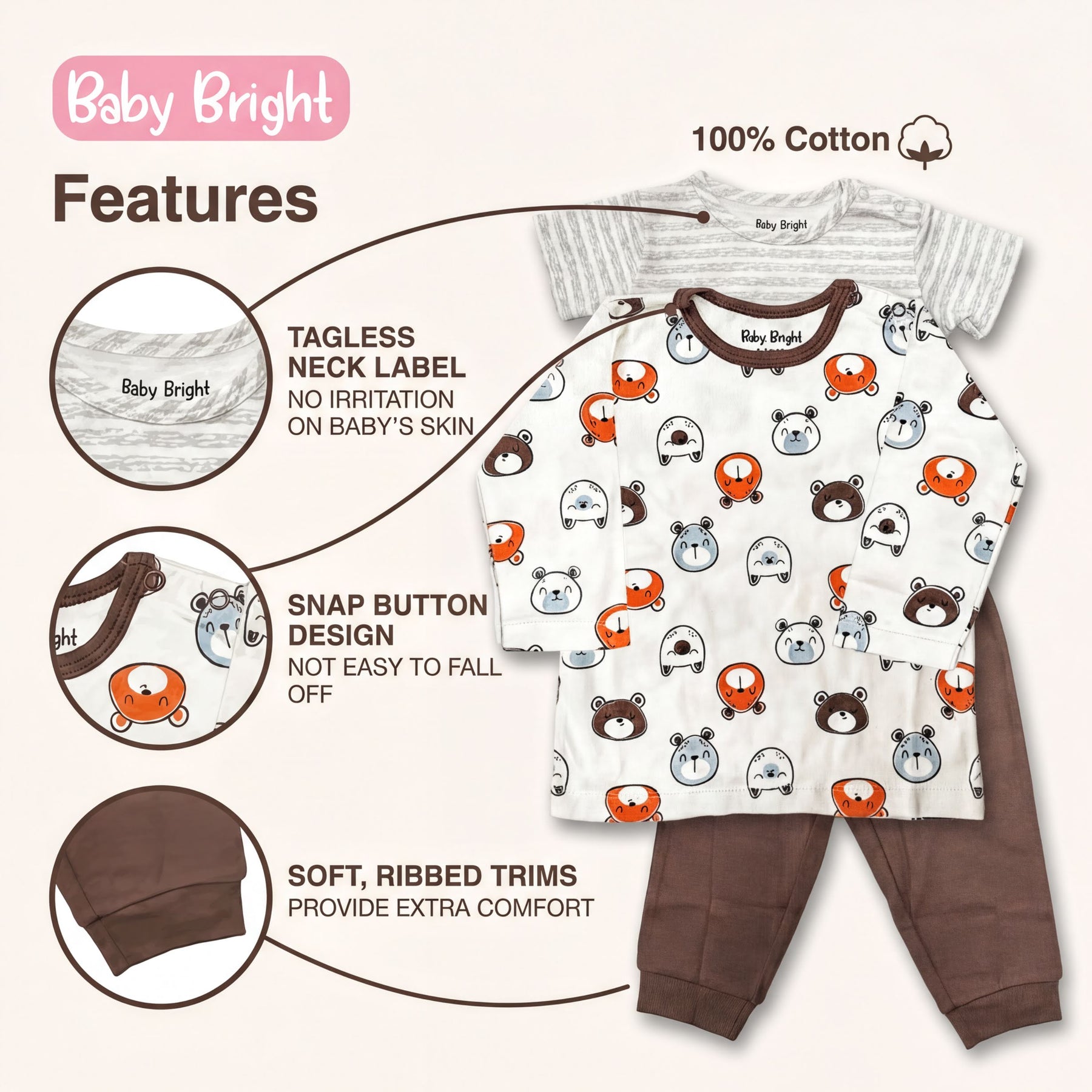The image is a collage of various baby clothing items, including a gray and white striped shirt, a white shirt with a pattern of cartoon animals, and a pair of brown pants. The image highlights the features of the clothing, such as the tagless neck label, snap button design, soft ribbed trims, and 100% cotton fabric.