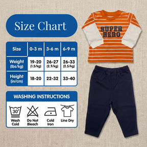 The image is a size chart for a baby's clothing, including a striped shirt and pants, along with washing instructions.