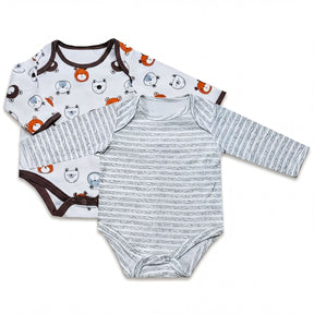 two baby onesies, one with a striped pattern and the other with a bear pattern.