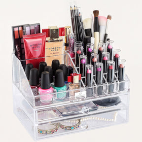 Clear F2503 makeup organizer with 19 slots and 2 drawers for storing cosmetics and beauty tools, ideal for moms.