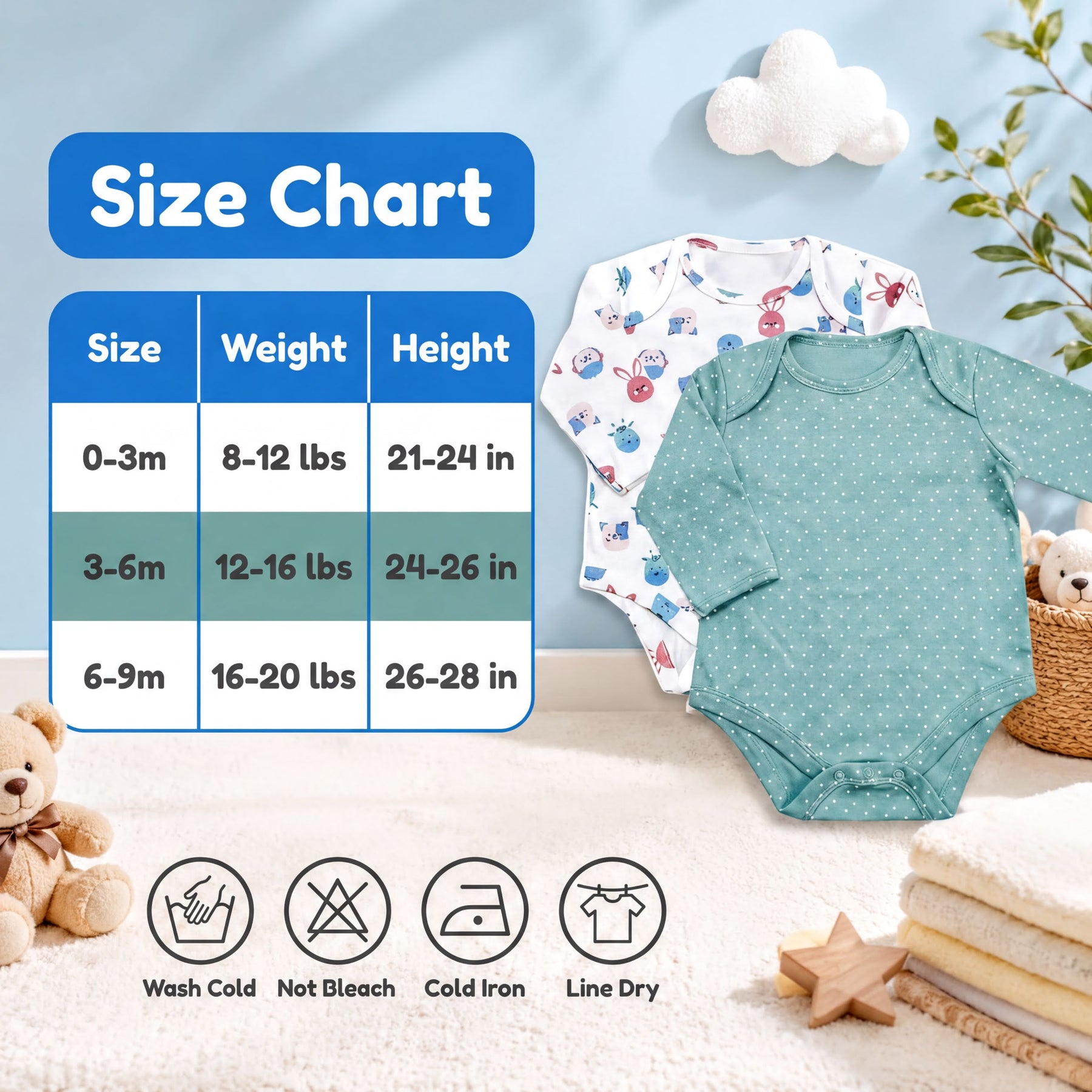 The image is a size chart for baby clothes, with a baby onesie displayed on a bed next to it. The chart provides measurements for different age groups, including 0-3 months, 3-6 months, and 6-9 months. There are also icons indicating the recommended washing and ironing methods for each age group.