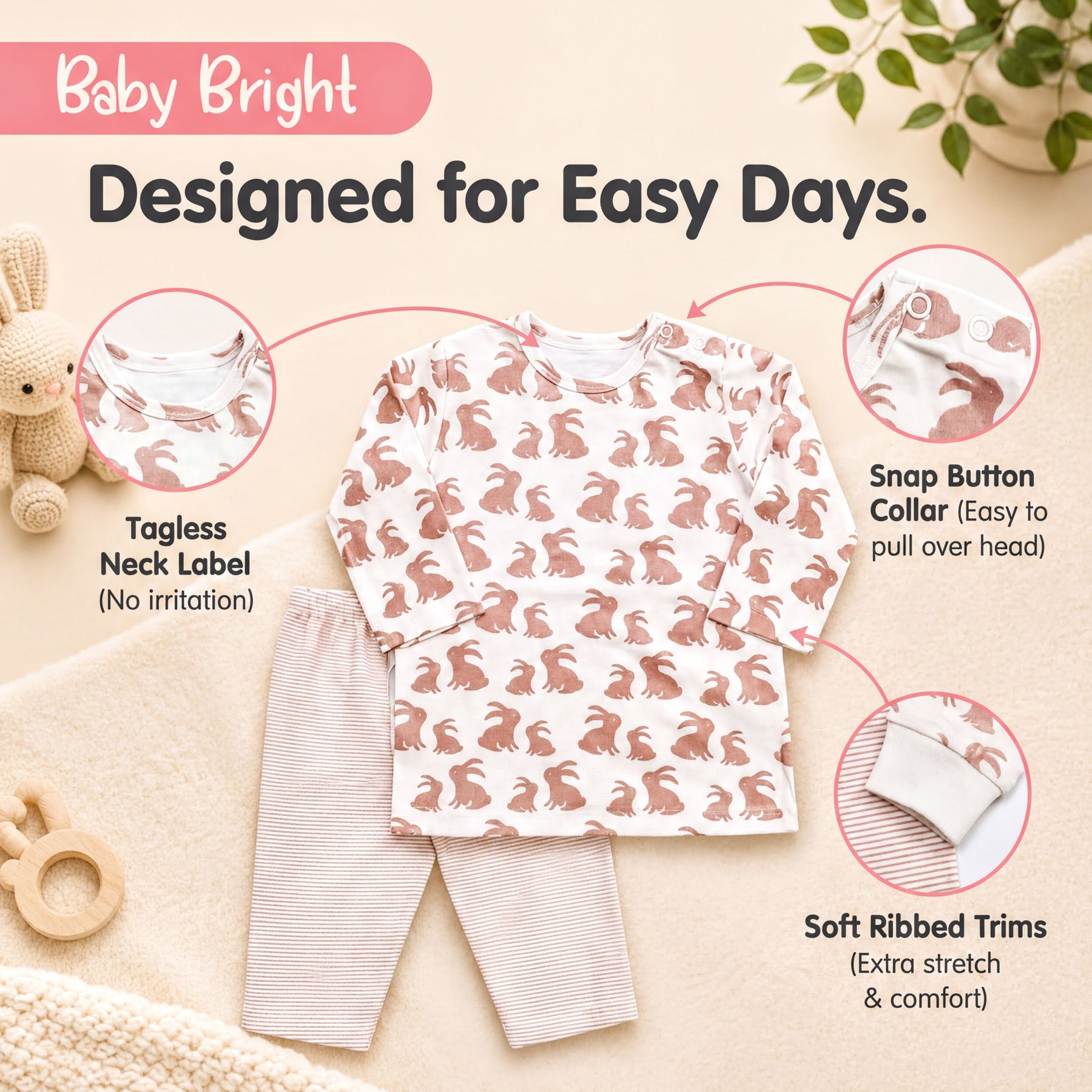 The image is an advertisement for baby clothing, specifically a pajama set with a rabbit pattern. The pajamas are designed for easy days, with features such as a snap button collar for easy dressing and soft ribbed trims for added comfort. The pajamas are shown in different views, highlighting their design and features.
