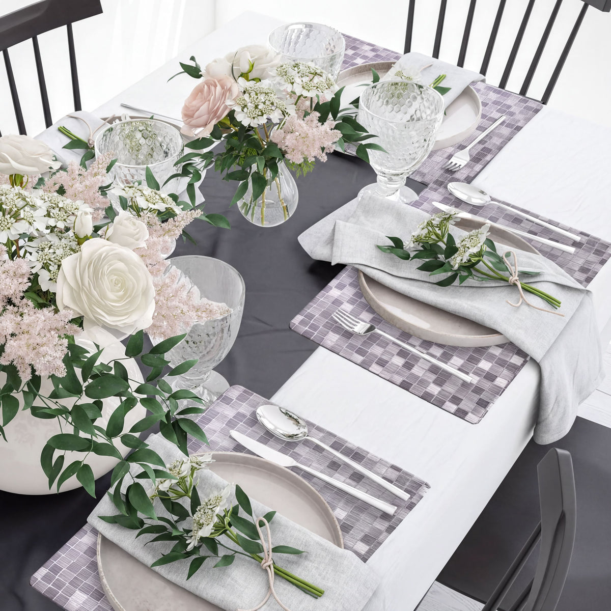 Set of 8 woven PVC placemats by TH1900614B, durable and stylish for dining table decor, with a textured woven design.