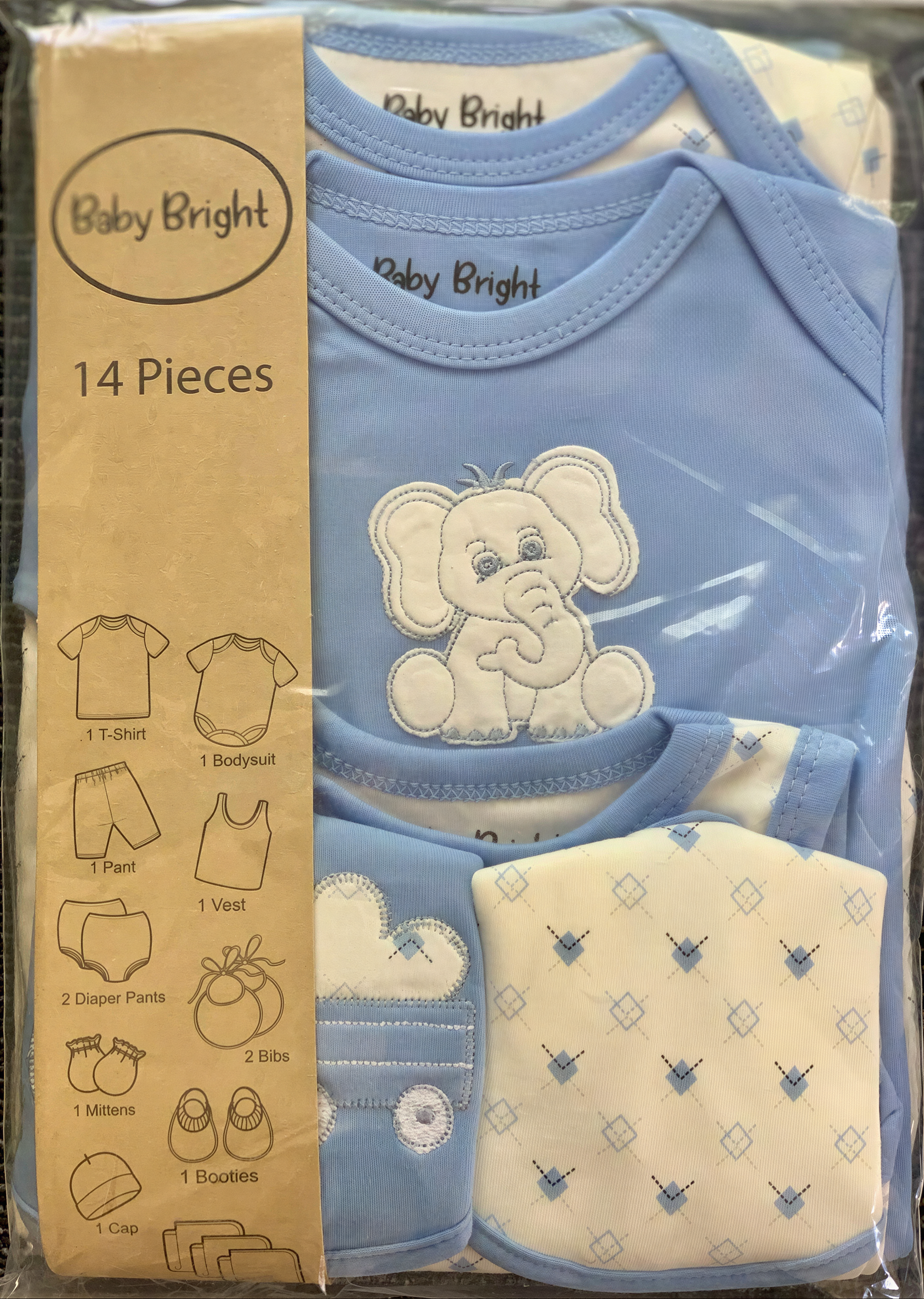 A package containing a set of baby clothing items, including a blue onesie with an elephant design, a blue bodysuit, a blue diaper pail, and a blue booties set. The package is labeled as "Baby Bright" and contains 14 pieces.