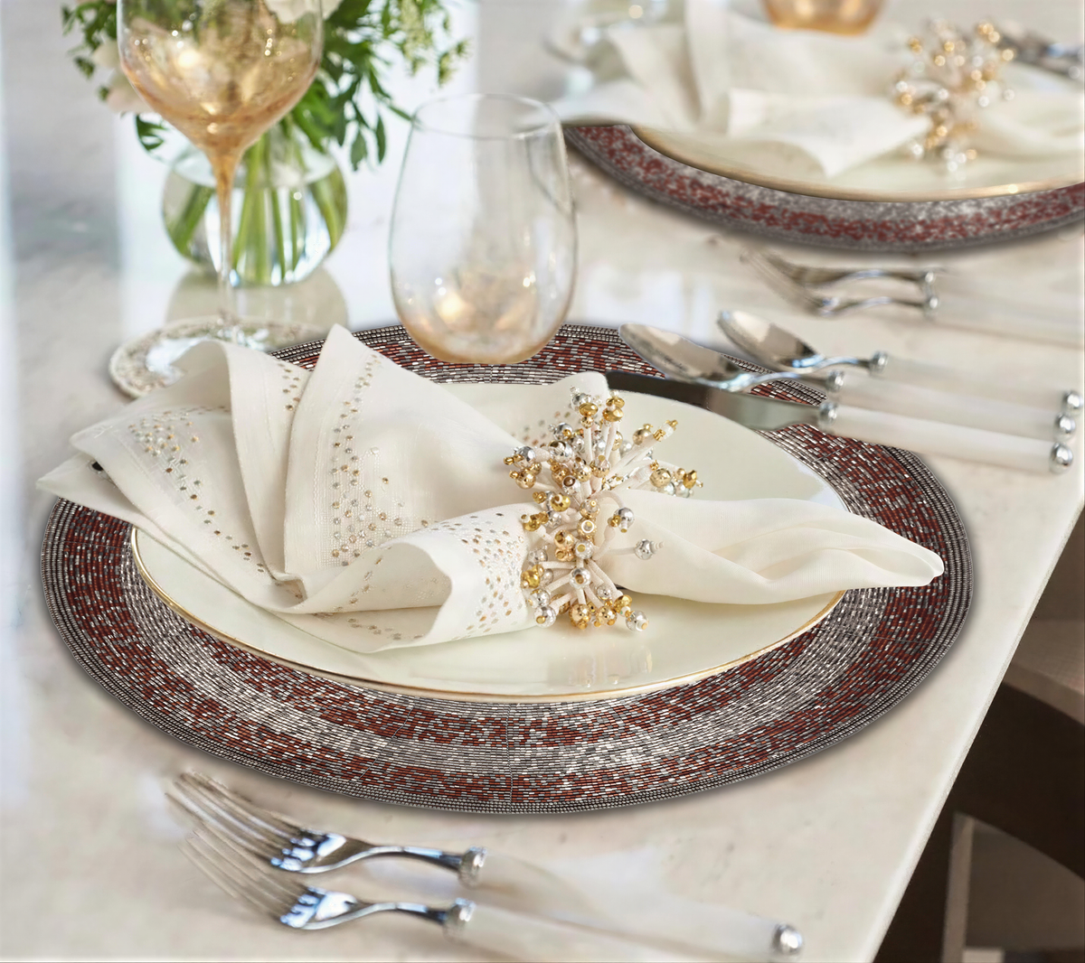 Set of four Melia Grace beaded placemats from the Melia Collection, elegant 14-inch decorative dining table decor by BD 023 030