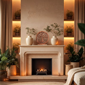 a cozy living room with a fireplace, a mantelpiece, and various decorative elements such as potted plants and vases.