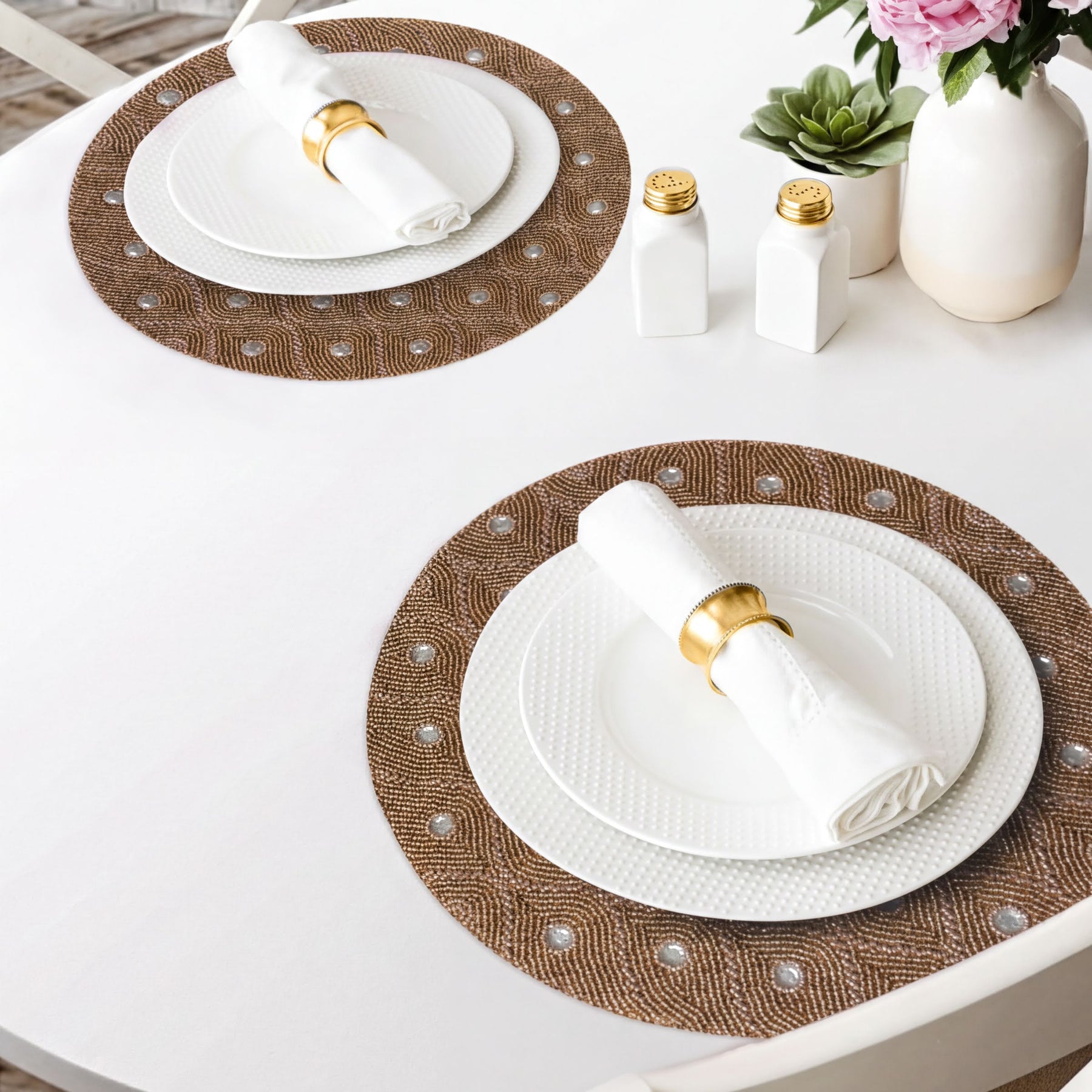 Set of 2 embroidered beaded placemats from Clement Meadow, decorative 14-inch table decor for elegant dining.