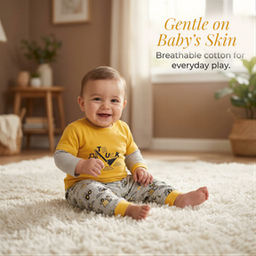 A smiling baby boy wearing a yellow shirt and pajama pants sits on a white rug in a cozy living room.