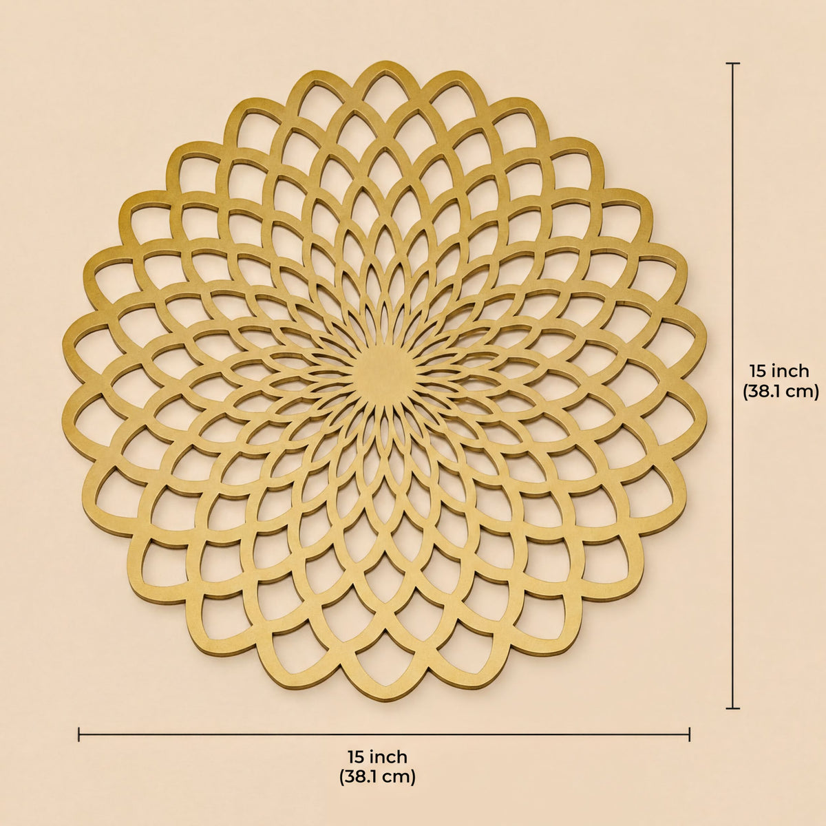 a decorative golden design with a repeating pattern of interlocking circles or ovals, resembling a flower or a sunburst. The design is described as a round, golden-colored piece that measures 15 inches in diameter, with a thickness of 38.1 centimeters.