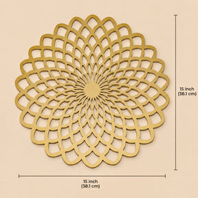 a decorative golden design with a repeating pattern of interlocking circles or ovals, resembling a flower or a sunburst. The design is described as a round, golden-colored piece that measures 15 inches in diameter, with a thickness of 38.1 centimeters.