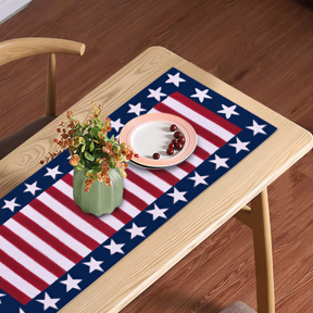 Beaded USA flag table runner with red, white, and blue beads, measuring 13" x 54" for patriotic table decor.