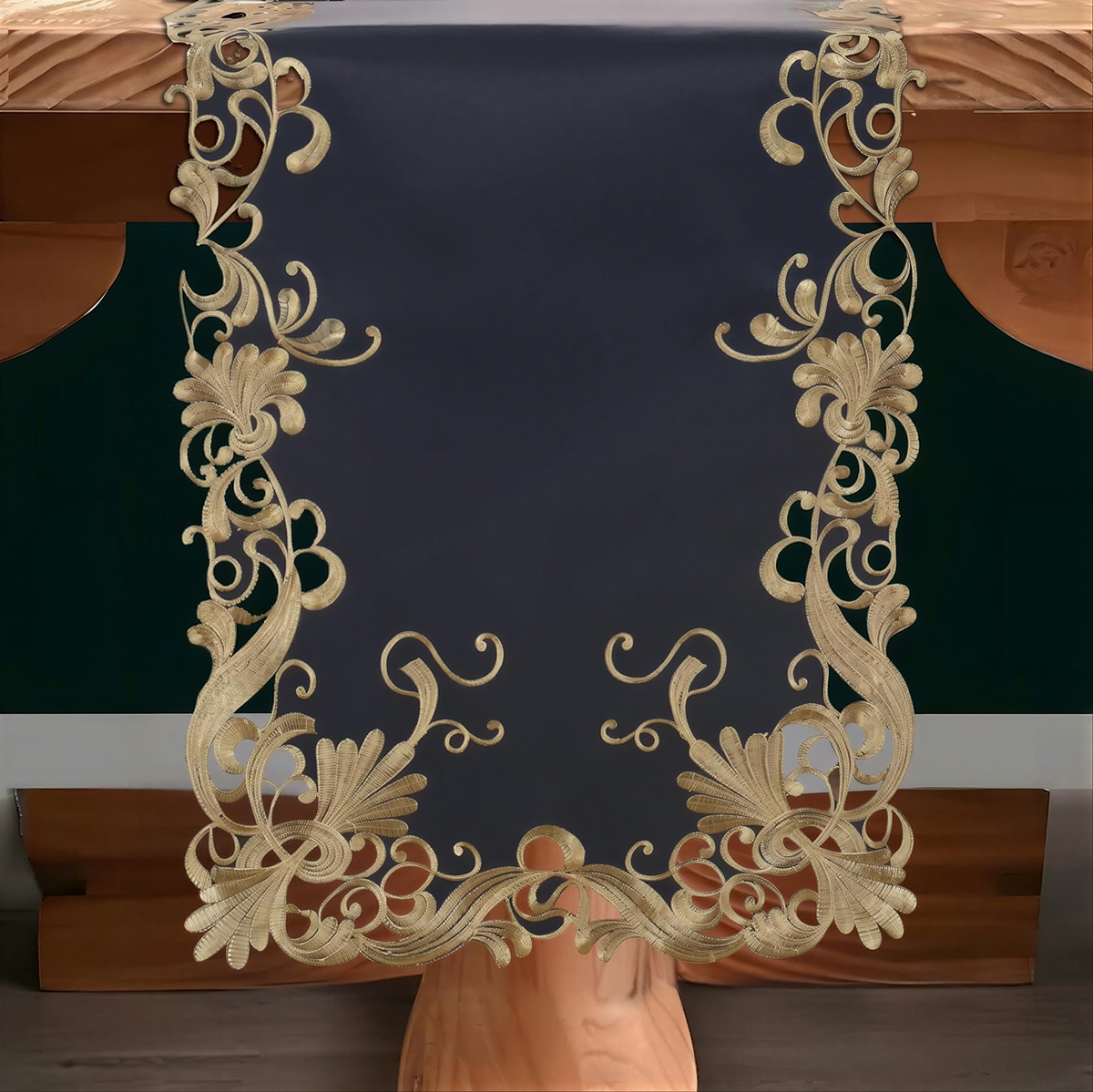 Vintage Opulence gold lace blue table runner with European embroidery, 14x108 inches, elegant table décor by RIZ-017-RN.