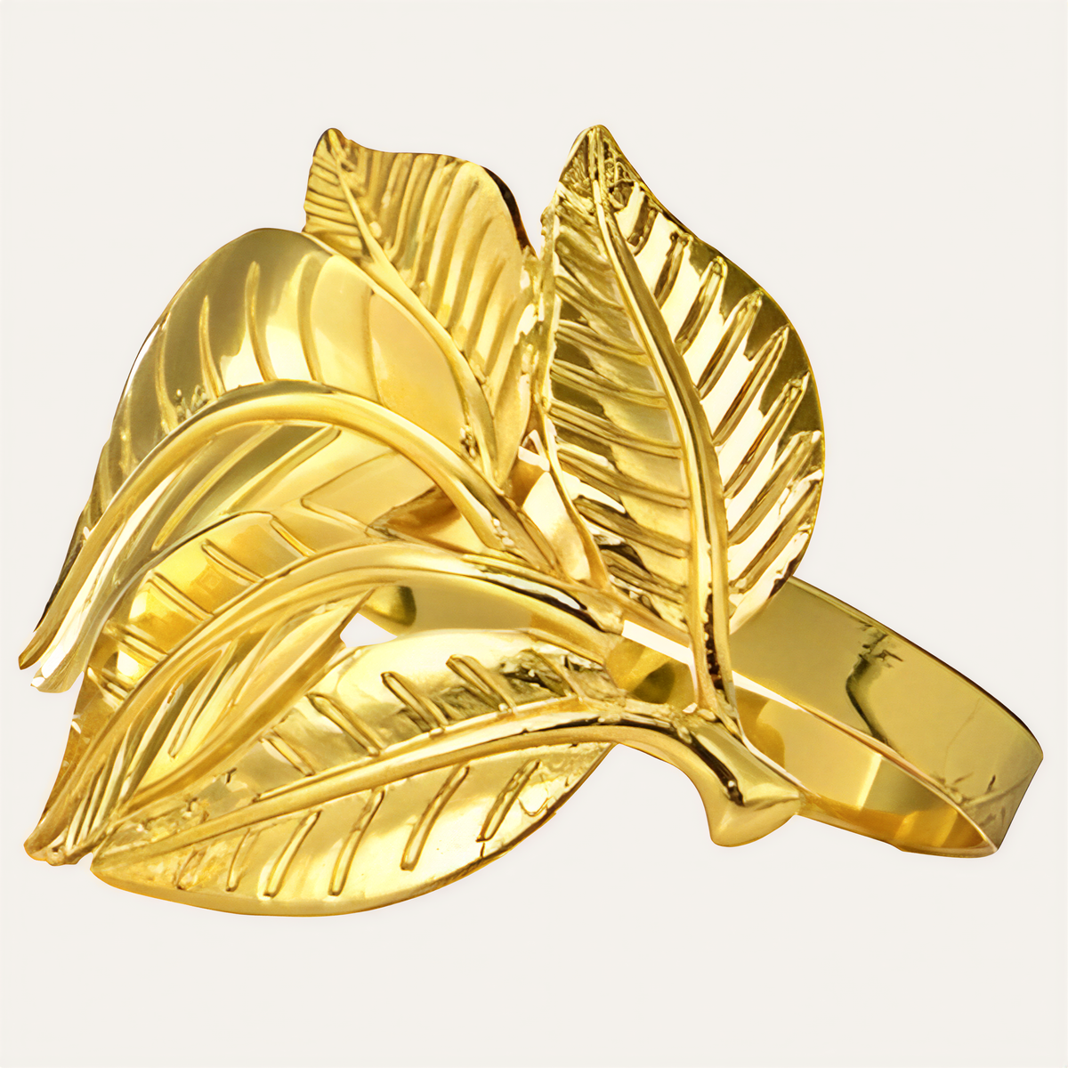 Set of four Gilded Bloom napkin rings in gold leaves design by ZWZ-19-292, luxurious decorative dining table décor.