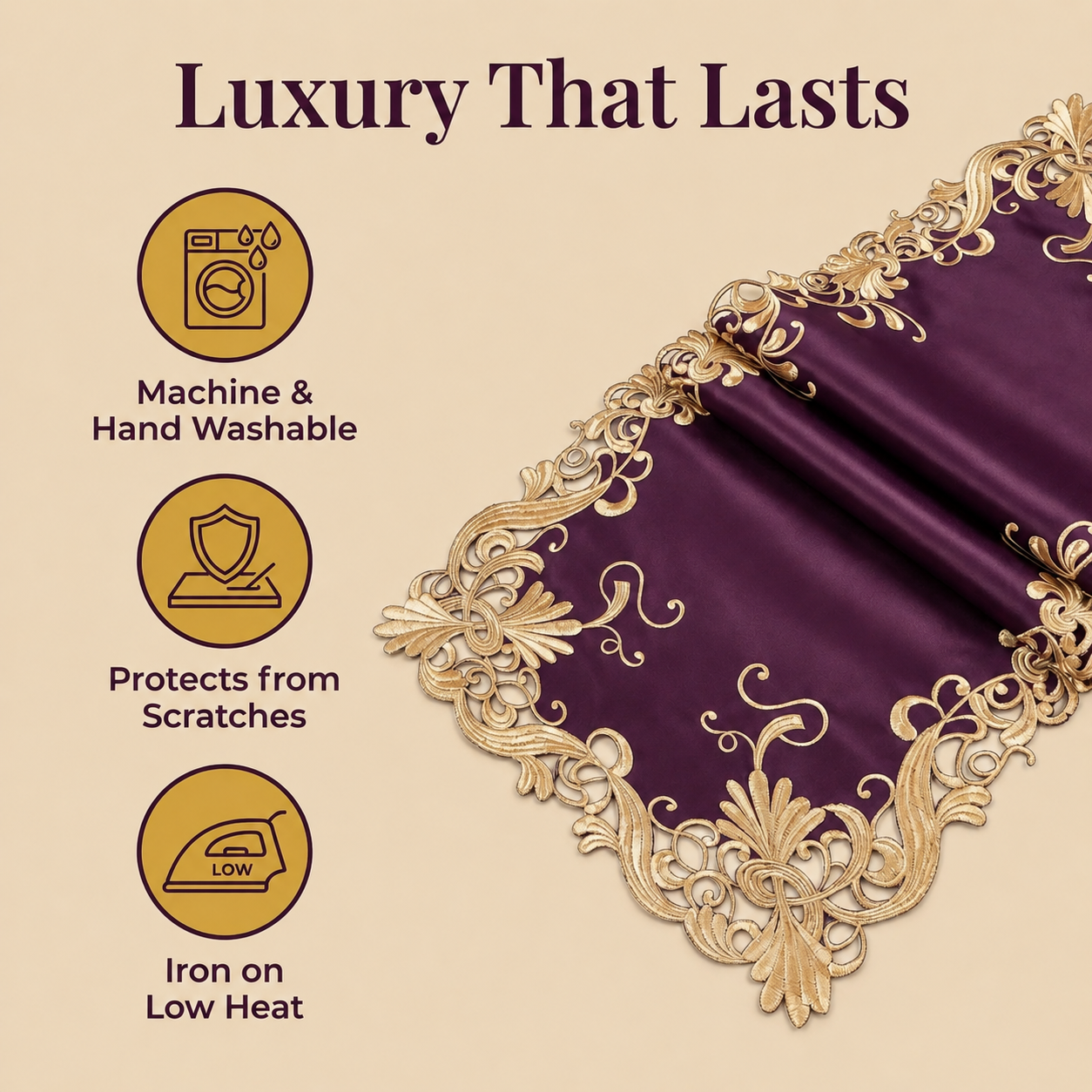 Purple Table Runner – Embroidered Floral Pattern, 14x108 Inch Elegant Linen