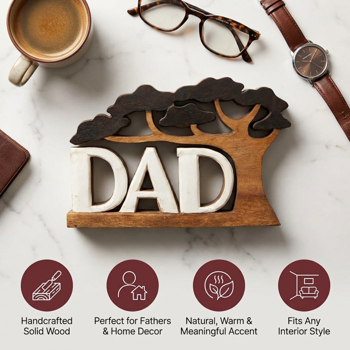 Proud Dad – Hand Carved Wooden Sculpture, Artistic Father’s Day Home Decor
