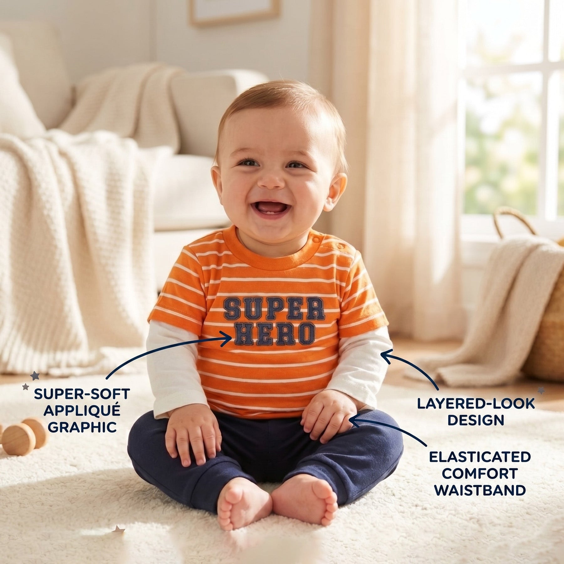A smiling baby boy wearing an orange and white striped shirt with the text "SUPER HERO" on it, sitting on a white carpet in a room with a window and a couch.