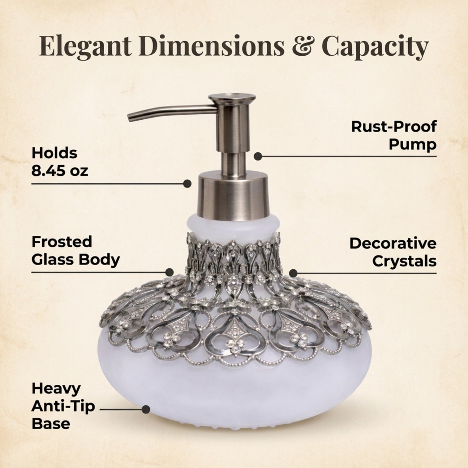 Modern LB 23736D Oriana Grace decorative bathroom lotion dispenser with a sleek design, 9 oz capacity, handmade soap dispenser.