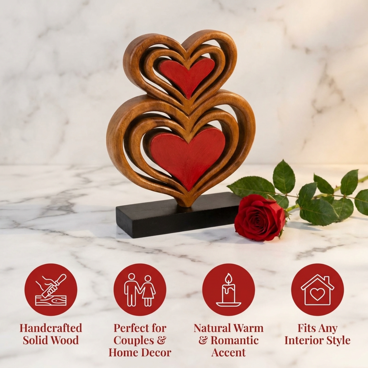 Twin Souls – Handmade Wooden Hearts Sculpture, Symbol of Love