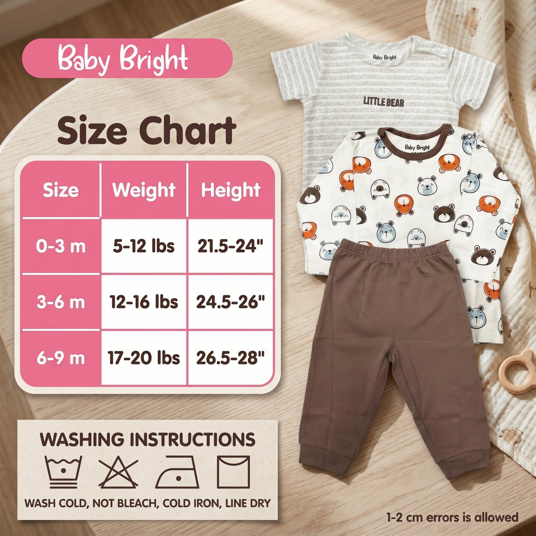 The image is a size chart for baby clothing, including a baby's size chart for clothing items such as a striped shirt, a pajama set, and a pair of pants. The chart provides measurements for different age groups, from 0 to 3 months, 3 to 6 months, and 6 to 9 months. The image also includes a washing instructions label, which provides guidelines for washing the clothes, such as washing cold, not bleaching, cold ironing, and line drying.