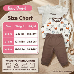 The image is a size chart for baby clothing, including a baby's size chart for clothing items such as a striped shirt, a pajama set, and a pair of pants. The chart provides measurements for different age groups, from 0 to 3 months, 3 to 6 months, and 6 to 9 months. The image also includes a washing instructions label, which provides guidelines for washing the clothes, such as washing cold, not bleaching, cold ironing, and line drying.
