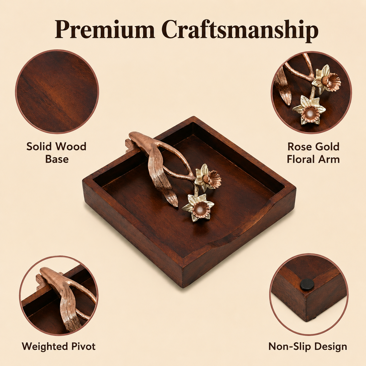 Solid Wood Napkin Holder with Rose Gold Finish Ornament