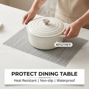 Set of four PVC placemats featuring colorful patterns, perfect for protecting tables and adding style to dining setups.