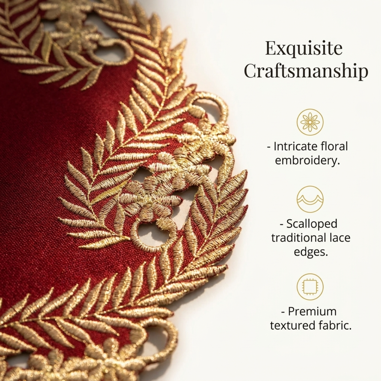 Set of Burgundy gold RIZ-011-DL Wine Grace doilies from the Anyce Collection, 15-inch modern dining décor with intricate lace design.