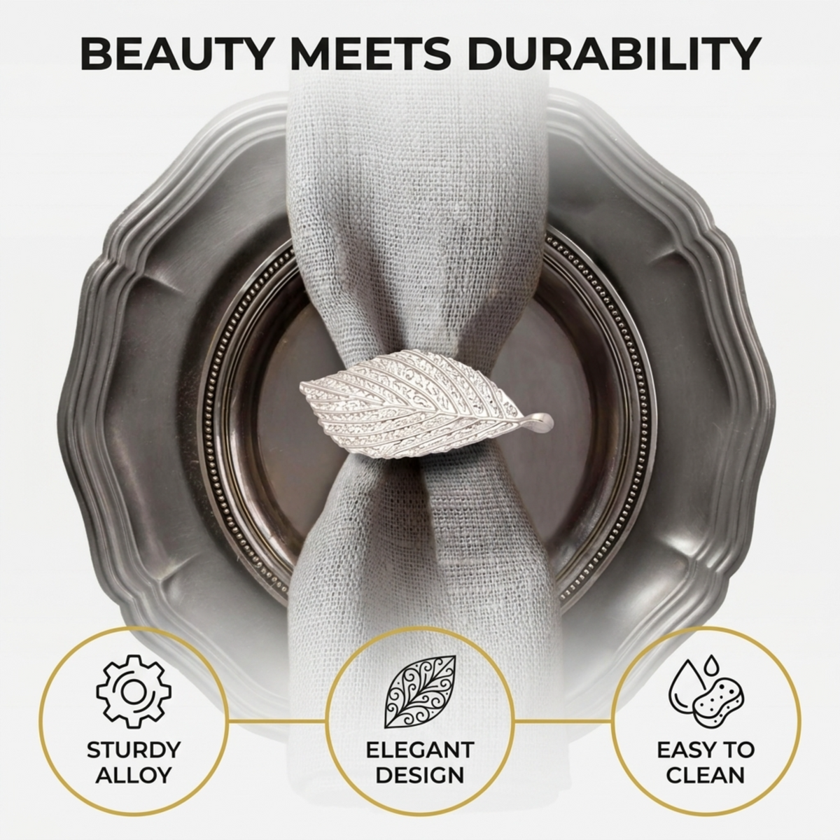 Silver Leaf napkin rings by YGC-002 featuring elegant silver leaf design for decorative dining table décor.