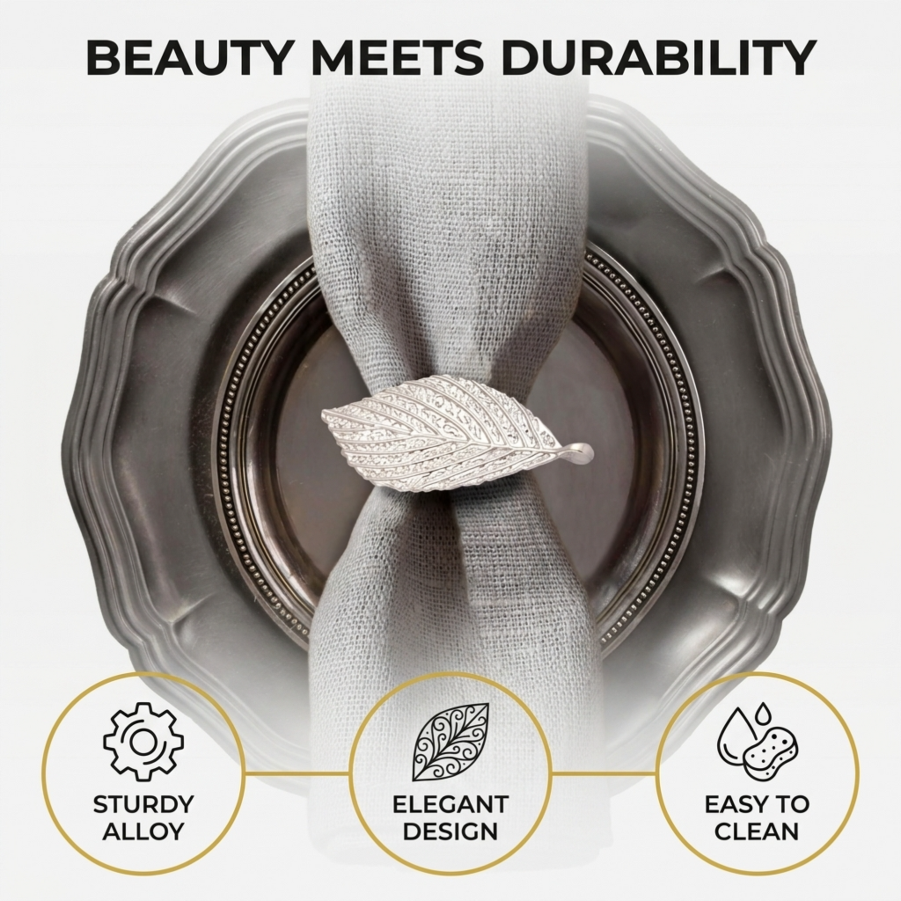Silver Leaf napkin rings by YGC-002 featuring elegant silver leaf design for decorative dining table décor.