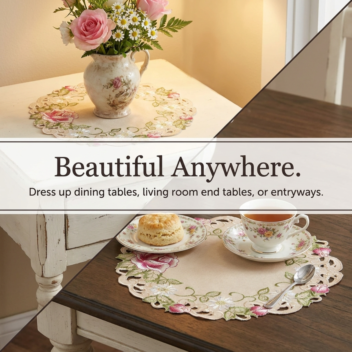 Beige Docia Sand table doilies from RIZ3127-DL, 15-inch elegant decorative lace doilies for table decor.
