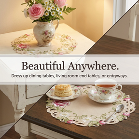Beige Docia Sand table doilies from RIZ3127-DL, 15-inch elegant decorative lace doilies for table decor.