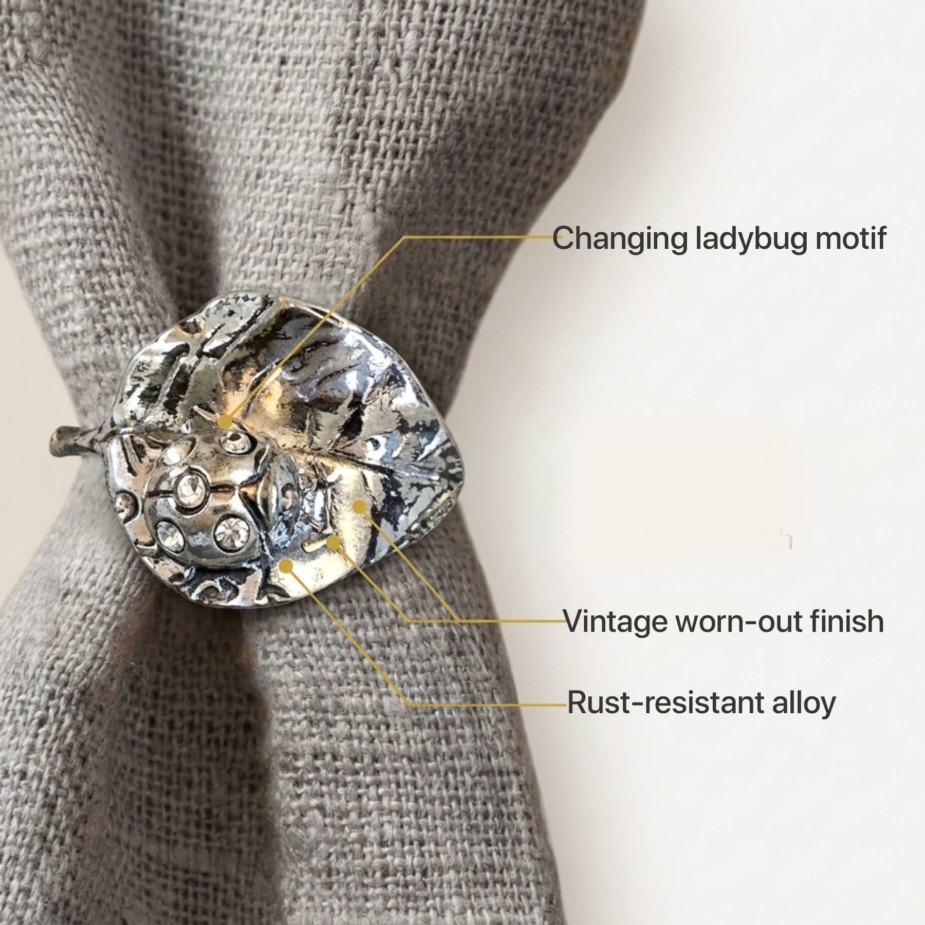Napkin Rings in Silver Nickel Finish Ladybug Design - Set of 4