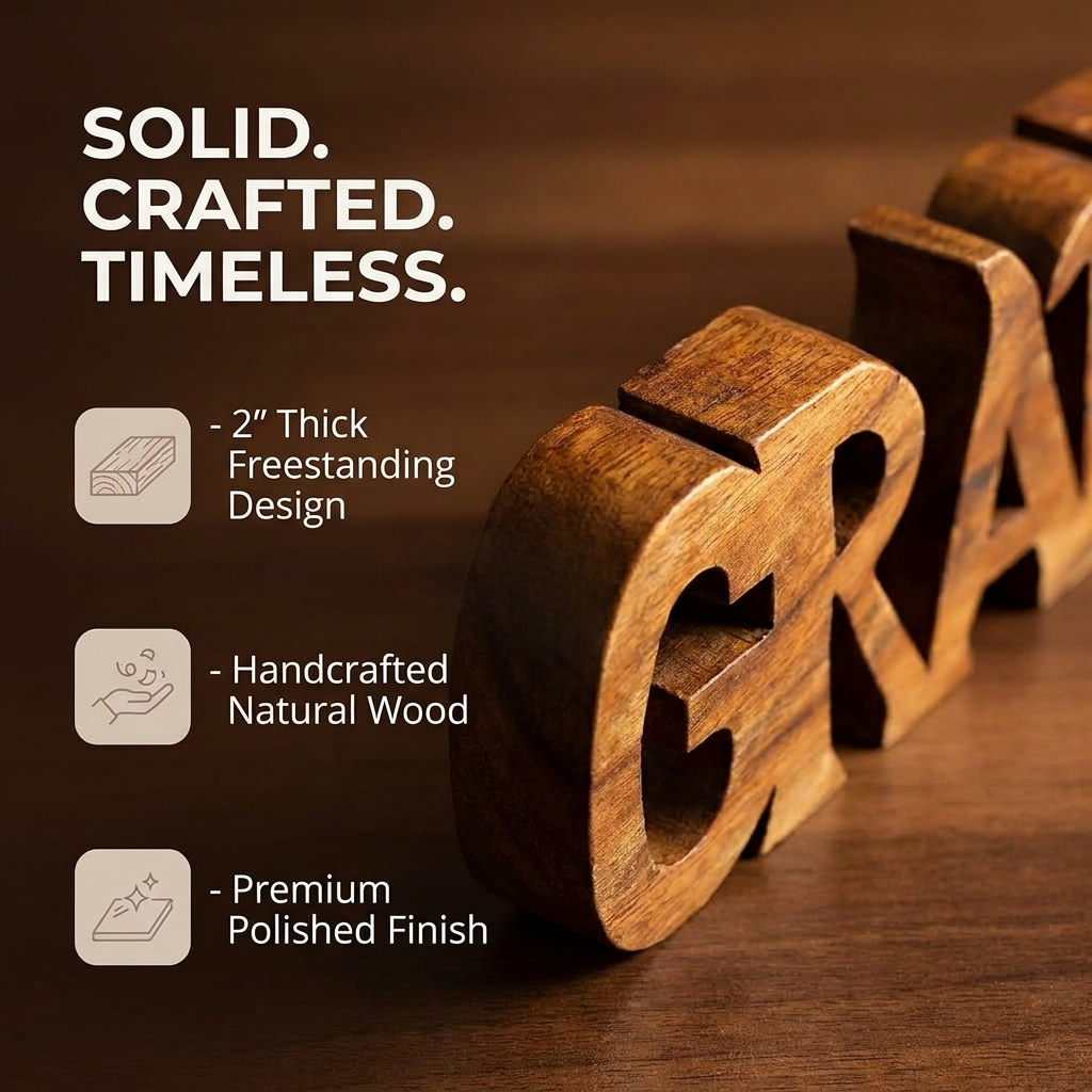 Wooden Word Sculpture – Handmade Acacia Wood Decor | Grateful Word Art Gift