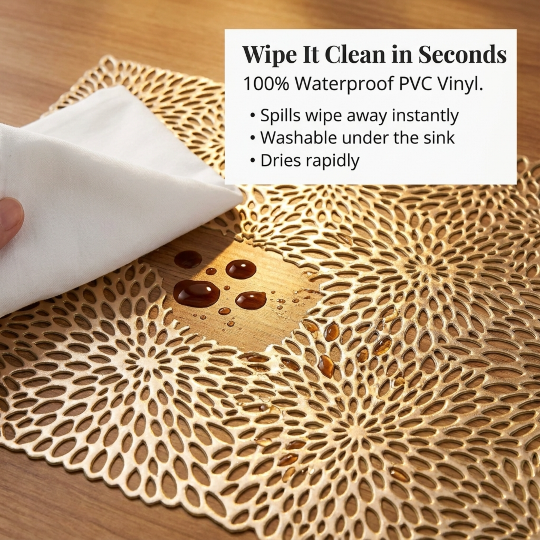 Set of six AMF032-GLD PVC cut out placemats with decorative patterns, ideal for protecting tabletops during meals.