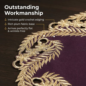 Violet Dream Plum Gold table doilies from RIZ-012-DL in the Anyce Collection, 15-inch decorative lace doilies for home table décor