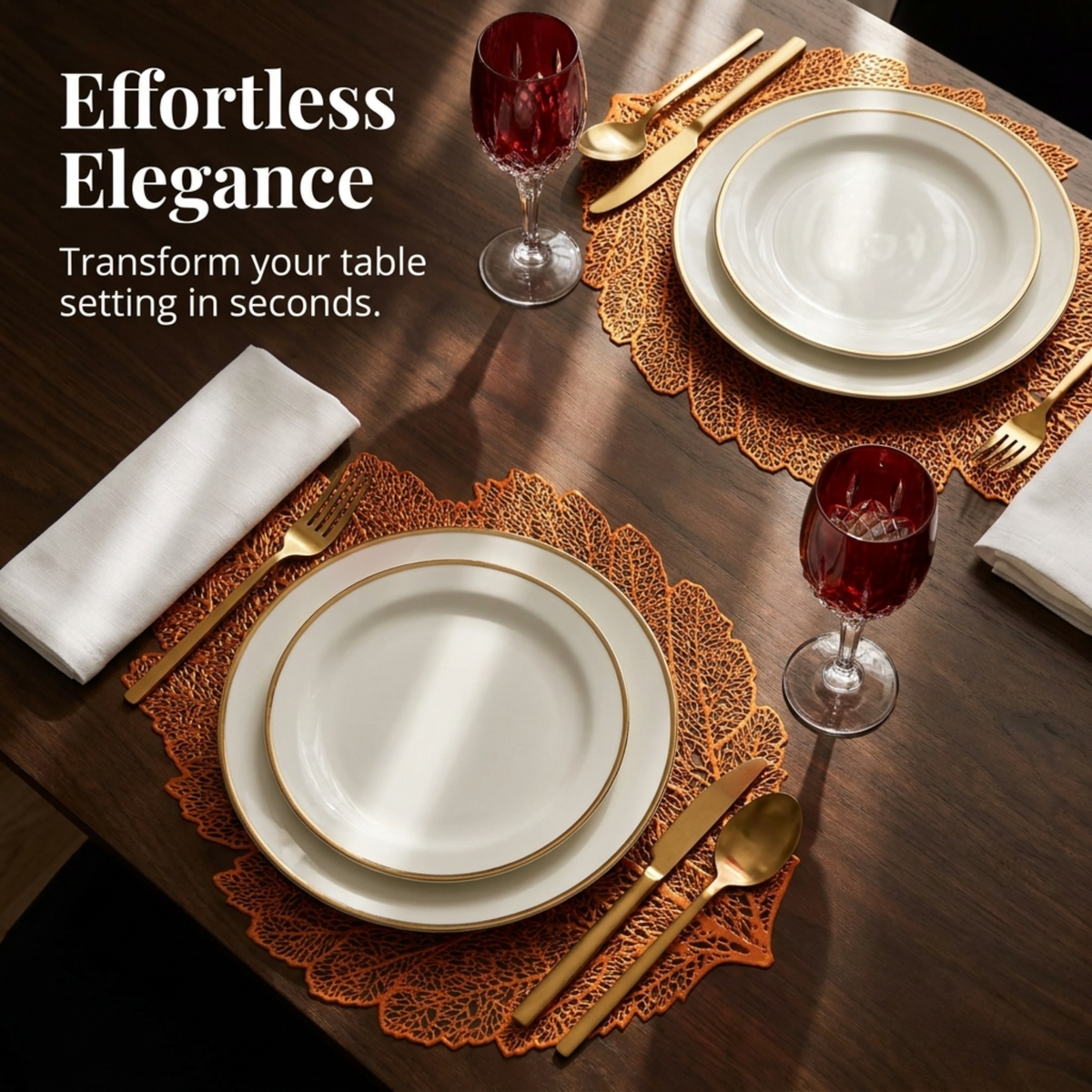 Set of six leaf-shaped cut out vinyl placemats from AMF023-ROSE GOLD, featuring elegant leaf designs for dining tables.
