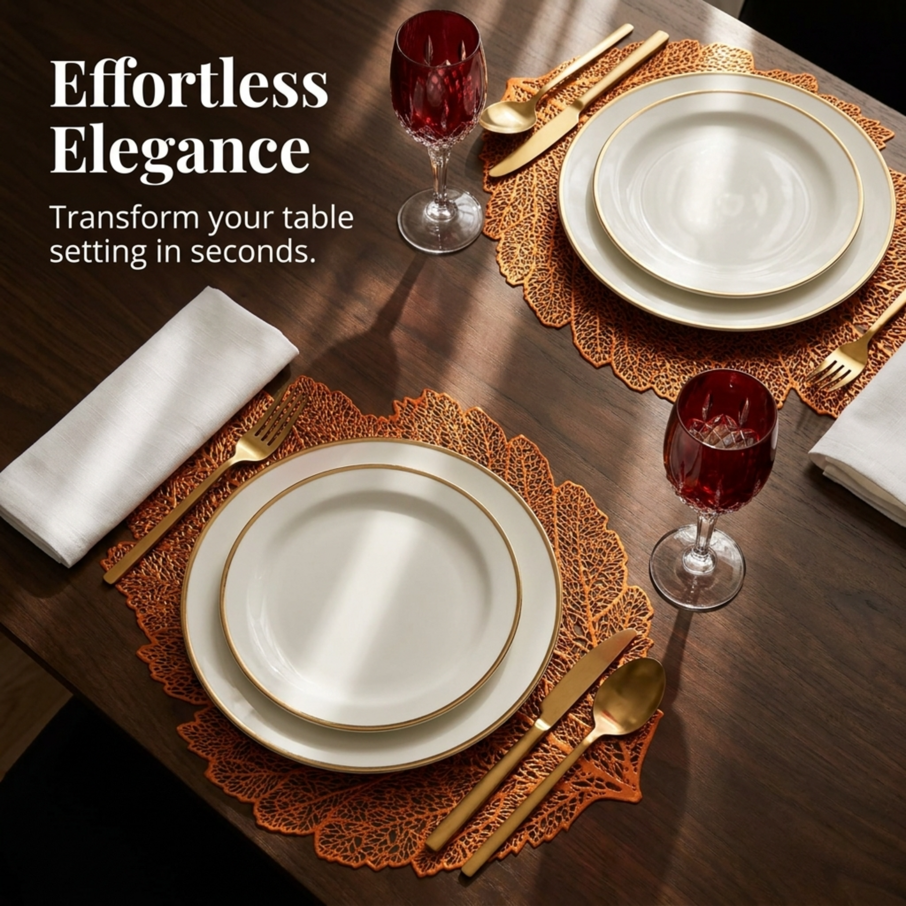 Set of six leaf-shaped cut out vinyl placemats from AMF023-ROSE GOLD, featuring elegant leaf designs for dining tables.