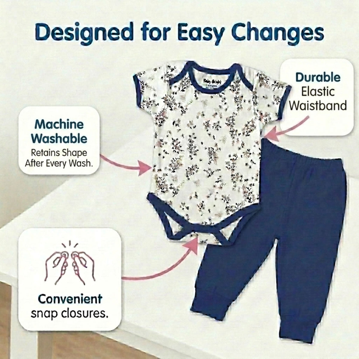 The image is a product advertisement for baby clothing, specifically a white onesie with a floral pattern and blue pants. The ad highlights the convenience of the product, such as the machine washable waistband and the elastic waistband, which are designed for easy changes.