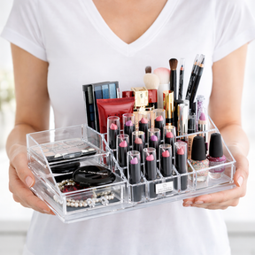 Clear F1215 makeup organizer with 19 slots and 1 drawer, perfect for storing cosmetics and beauty products.