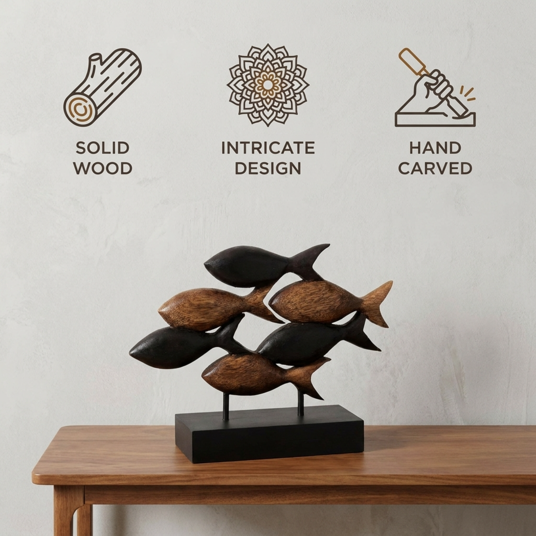 Hand-carved wooden fish sculpture from Aqua Serenity, artistic wooden décor for home or gift, crafted by 05B-1085.
