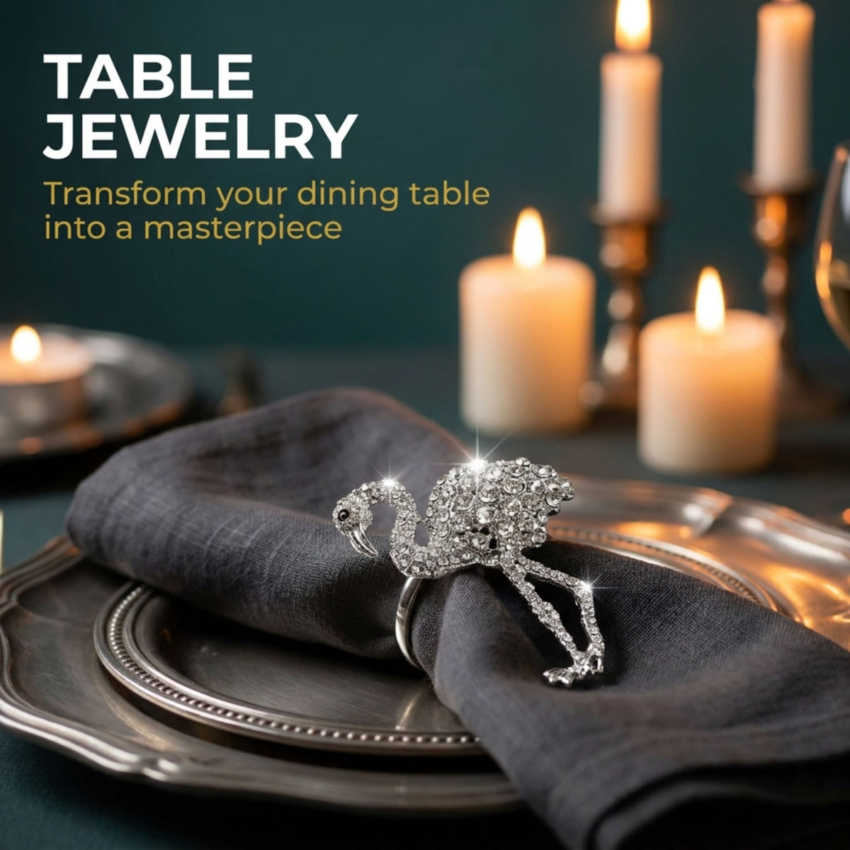 a table setting with a decorative table napkin ring featuring a sparkling rhinoceros design. The napkin ring is placed on a silver plate, and there are lit candles in the background, creating a warm and elegant atmosphere.