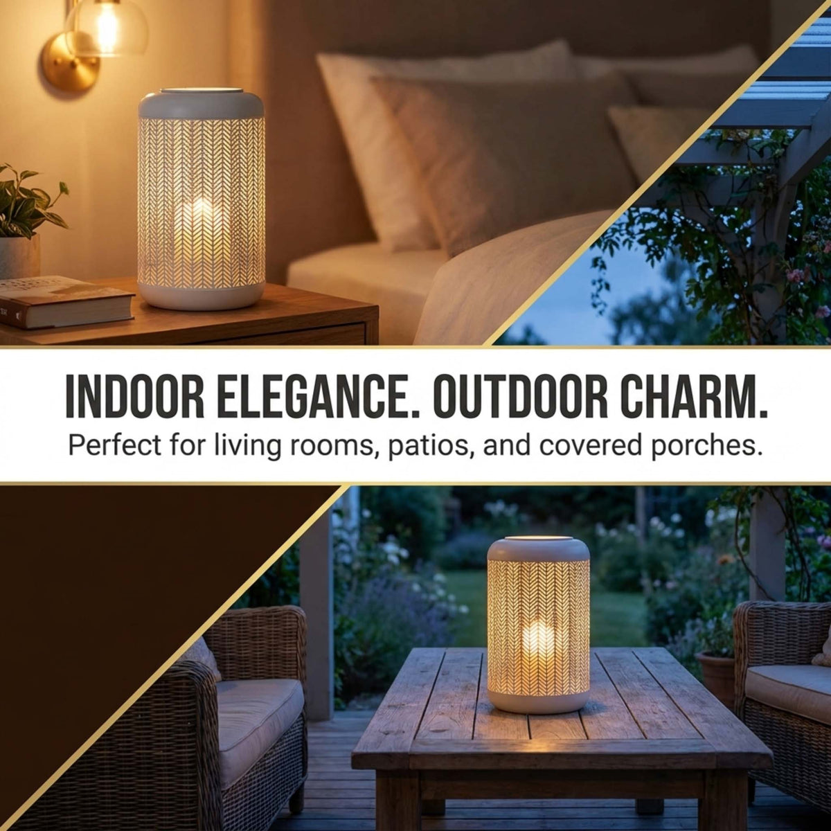 White lattice-pattern glass candle lantern with metal handle, perfect for decorative lighting and home ambiance.