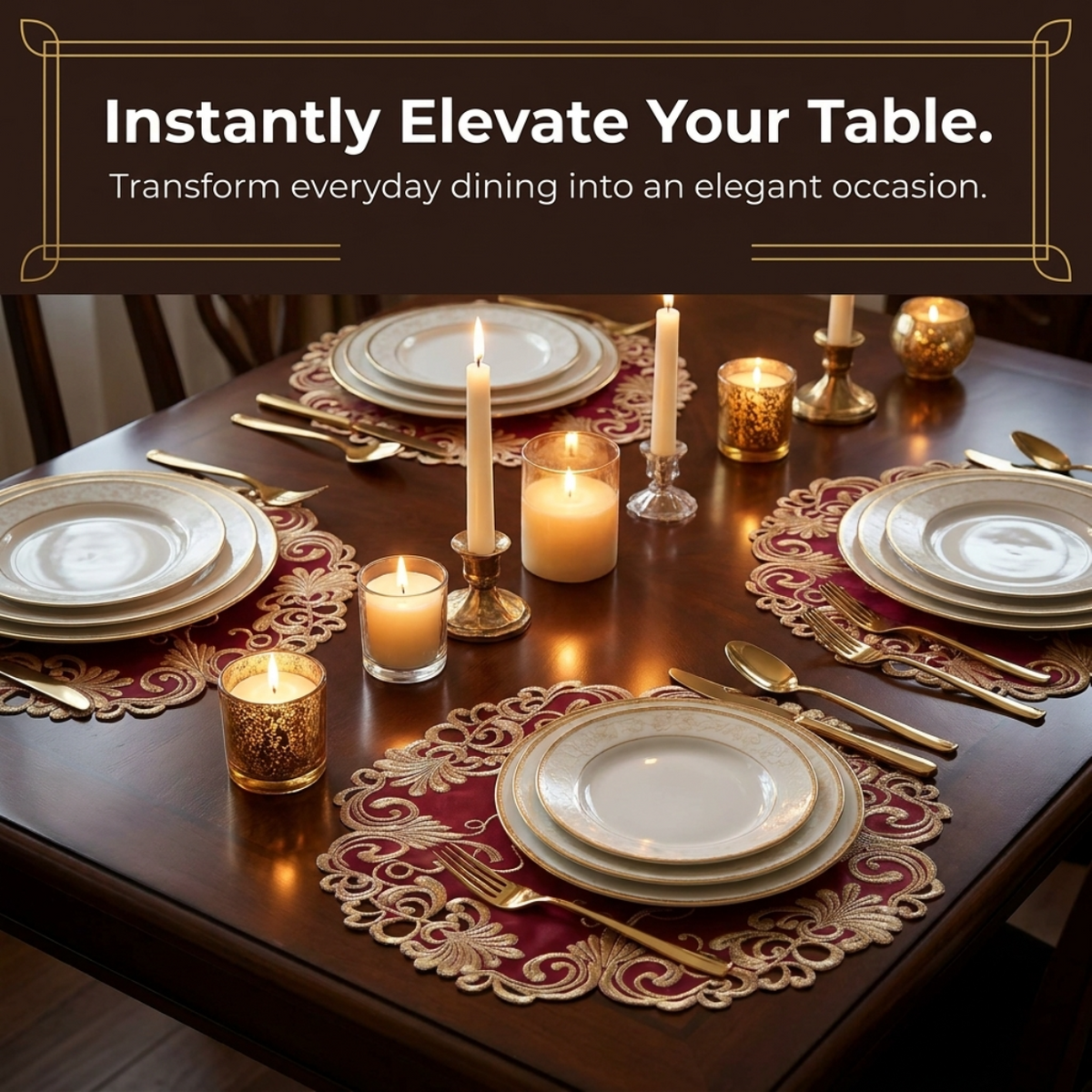 Burgundy gold table doilies from RIZ-009-DL Chantelle Collection, 15-inch decorative doilies for artistic table décor.