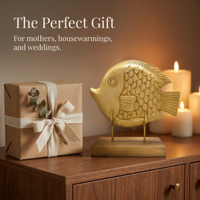 Handmade Wooden Sculpture – Hand Carved Fish Statue, Acacia Wood Decor Gift