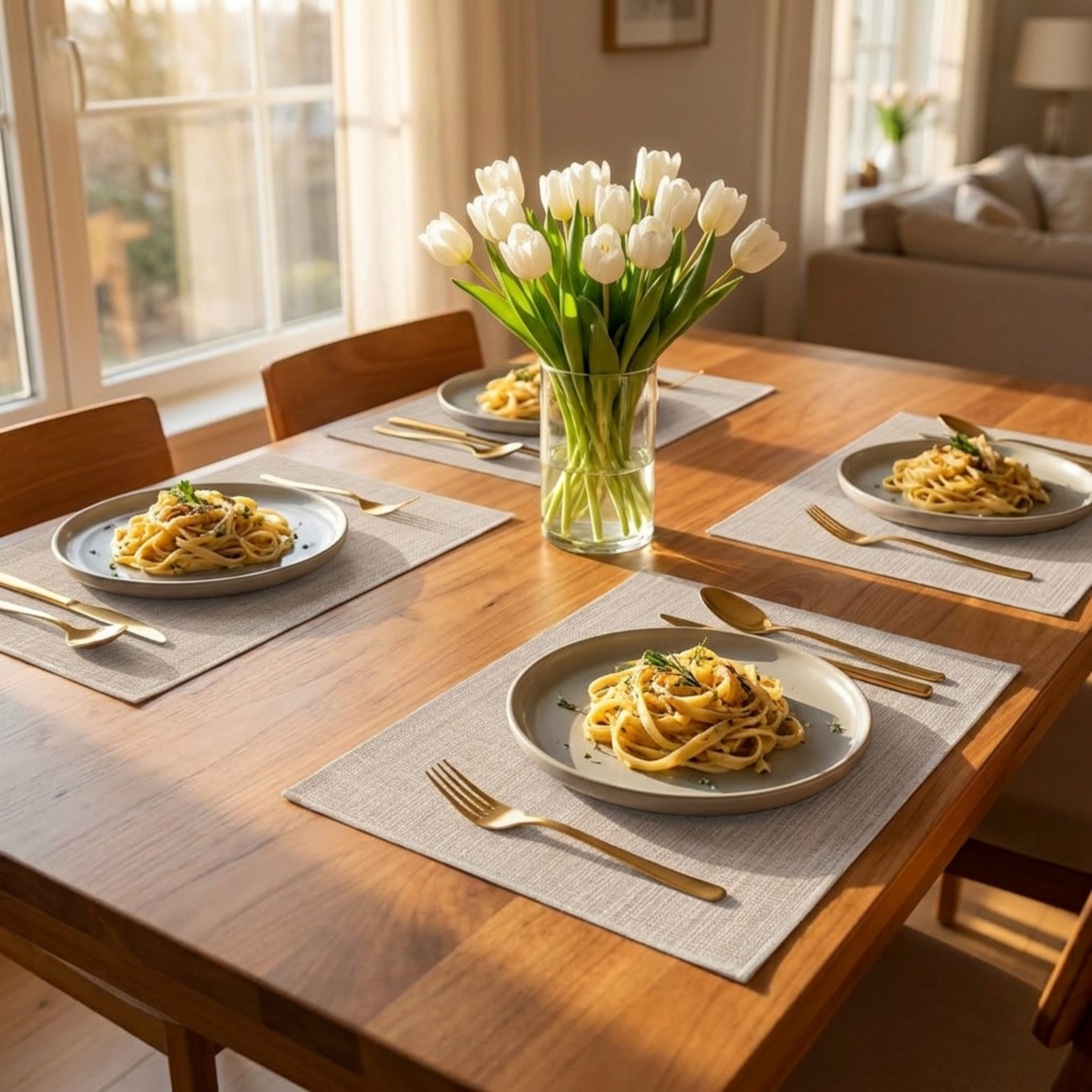Set of PVC placemats from 618PVC-1-2-4, showing four and six colorful, durable plastic placemats on a dining table.