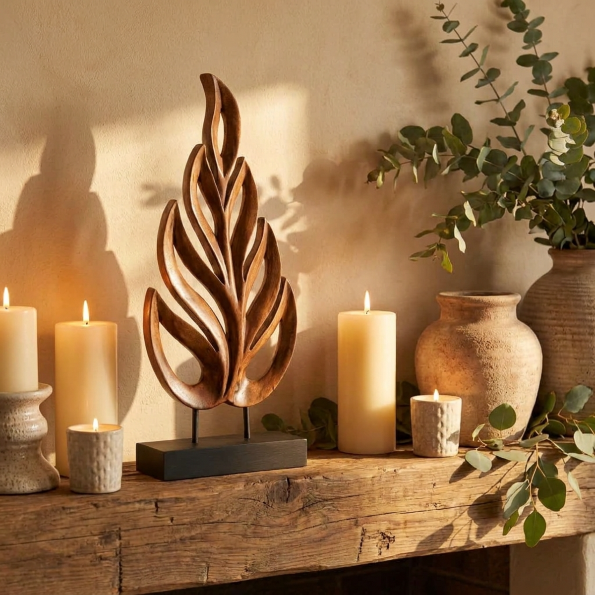Hand-carved wooden leaf sculpture by PAT026, artistic wooden décor piece for home decoration, showcasing detailed craftsmanship.