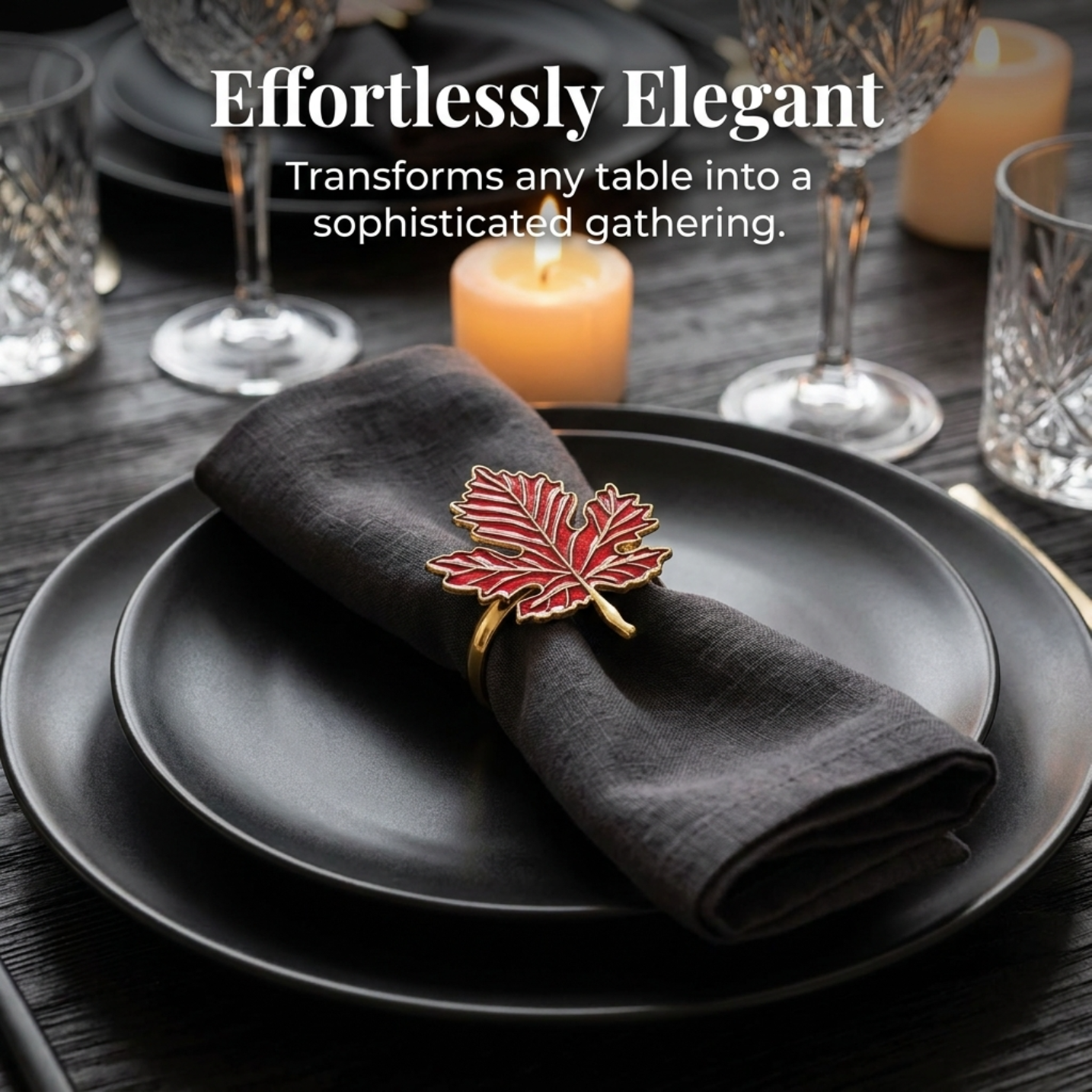 Golden Ember – Napkin Rings in Gold Red Maple Leaf Design, Luxurious Decorative Dining Table Décor