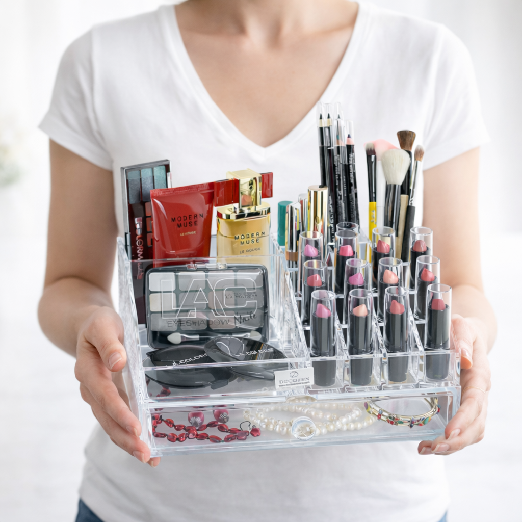 Clear F1267 makeup organizer with 19 slots and 1 drawer, perfect for storing cosmetics and beauty accessories.