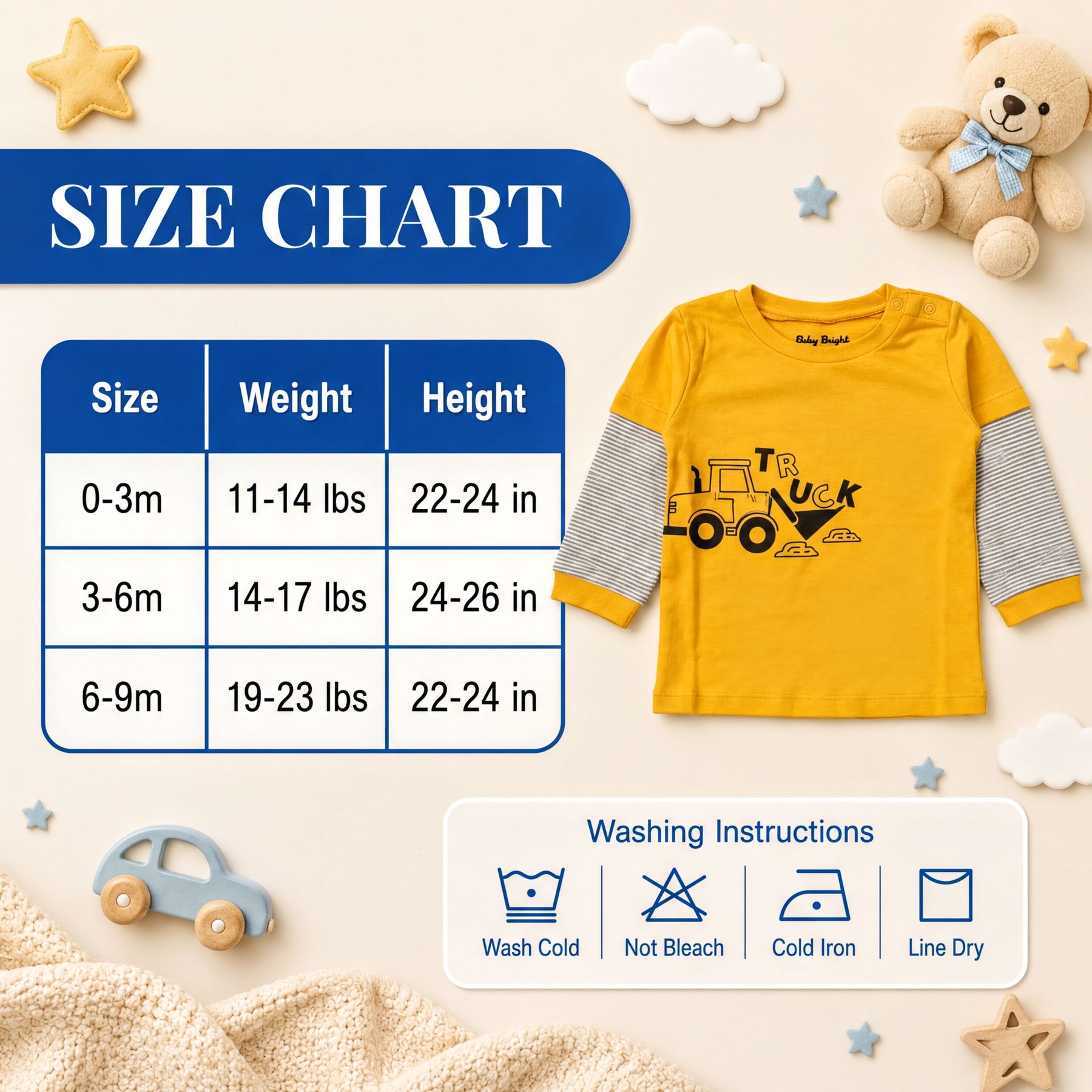 The image is a size chart for a yellow long-sleeved shirt, with a teddy bear and other baby items surrounding it.