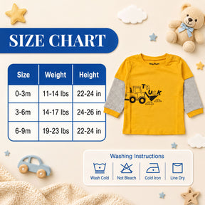 The image is a size chart for a yellow long-sleeved shirt, with a teddy bear and other baby items surrounding it.